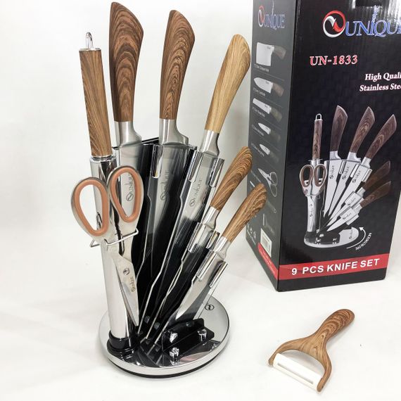 Набір кухонних ножів UNIQUE UN-1833 з дерев'яними ручками та підставкою | Зображення 6