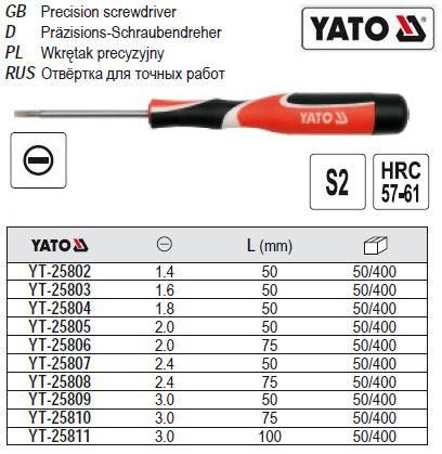 Викрутка YATO викрутка шлицевая міні b=2,4 мм l=75 мм YT-25808