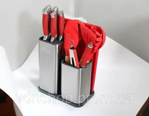 Набір ножів та кухонне начиння лопатки для кухні 17 в 1 дошка для нарізки на потрійній підставці, ножиці з напилком для