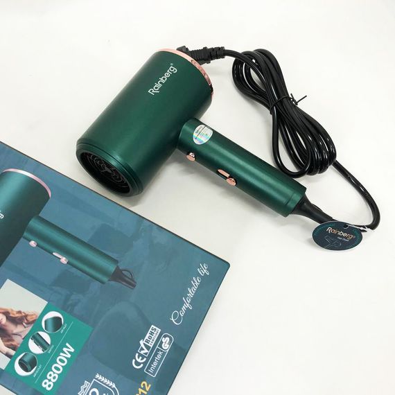 Фен Rainberg RB-2212 8800 W с регуляцией температуры и скорости для сушки и укладки волос. UZ-372 Цвет: зеленый