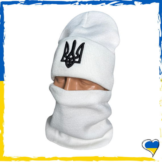 Комплект белый  с гербом шапка и бафф на флисе унисекс. Набор теплый. Мужской, женский подростковый, детский