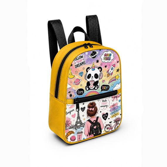 Дитячий міні-рюкзак жовтий з принтом Kawaii Panda для дівчинки 28×24×10 см міні-сумка дитяча (5263)