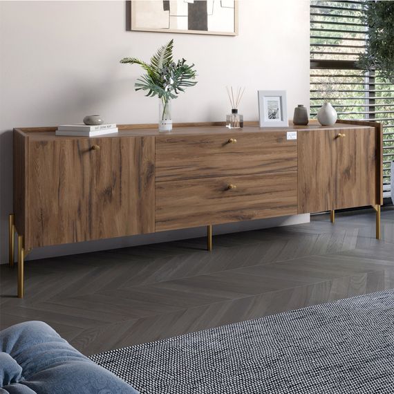 Тумба під телевізор з шухлядами LION Wood з золотими ніжками 180х50х40 см Дуб Ліворно (LION-043114)