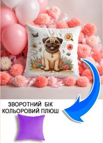 Подушка плюшева Мерч Крафт Дизайн з принтом мопс 3 бузковий плюш квадратна 33х33 см