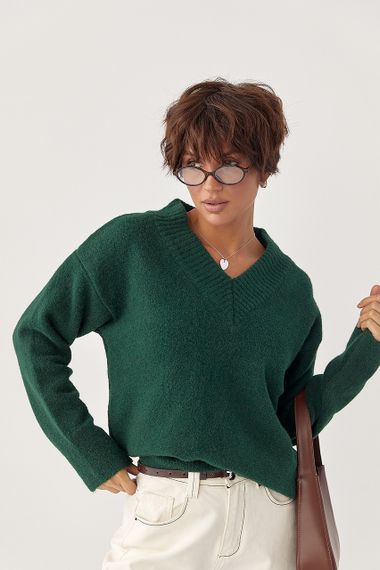 В'язаний однотонний пуловер вільного фасону - зелений цвет, ONE SIZE (є розміри) | Зображення 4