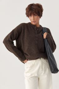 В'язана вільна кофта з ґудзиками на горловині - коричневий цвет, ONE SIZE (є розміри)