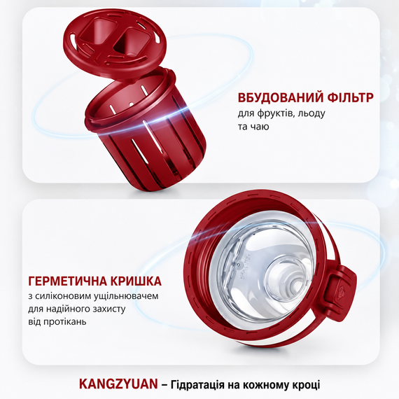 Спортивная бутылка KANGZYUAN 1000 мл (1 л) - Красная Tritan BPA-free, ударопрочная эко-бутылка с течком и ремешком | Зображення 3