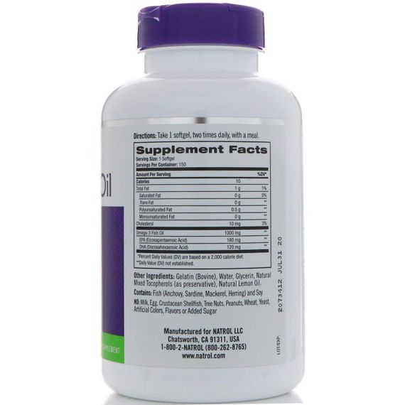 Риб&#039;ячий жир в капсулах, Omega-3 Fish Oil, Natrol, 1000 мг, 150 капсул | Зображення 1