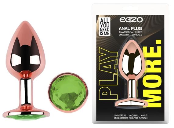 Анальная пробка EGZO Rose Gold M с зелёным кристаллом, металлическая гладкая, для длительного ношения Sex Aura