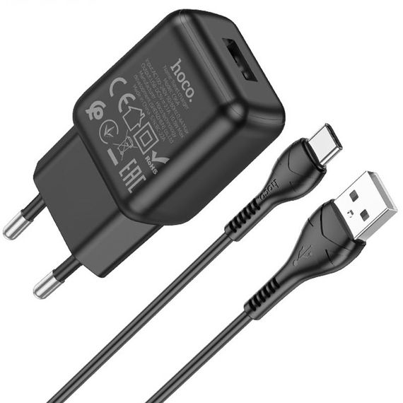 МЗП Hoco C96A 2.1A (1USB-A) + кабель USB to Type-C Black | Зображення 1