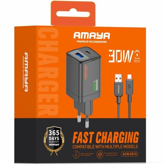 МЗП Amaya E81S PD30W+QC3.0 (1USB-A/1C) + кабель USB to Type-C Black | Зображення 1