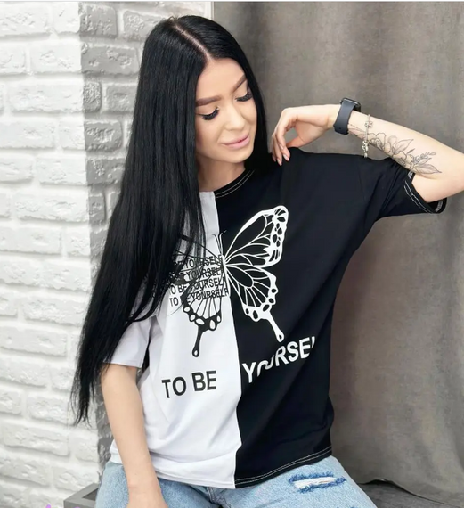 Женская двухцветная трикотажная футболка Бабочка GF05215 размер 54/56, цвет черно-белый