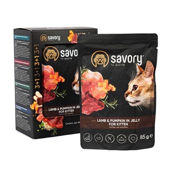 Набір паучів 3+1 Savory Kitten Lamb and Pumpkin in Jelly для кошенят шматки в желе з ягням та гарбузом 4х85 г | Зображення 1