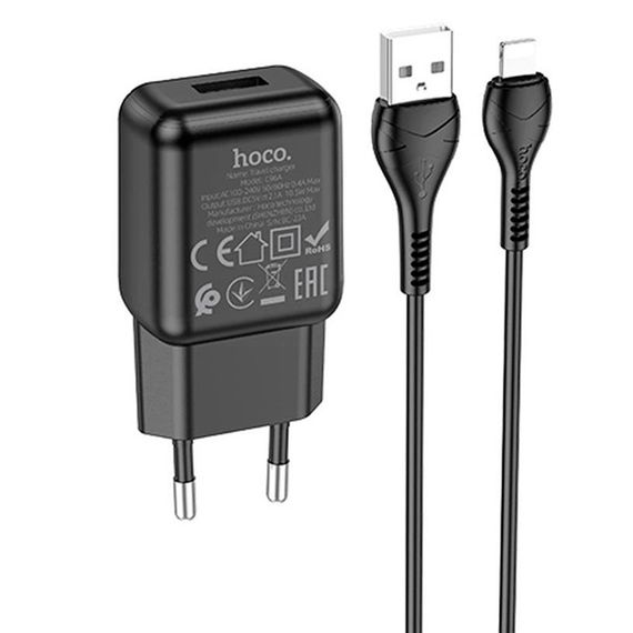 Набір СЗУ 110-240V HOCO C96A+ кабель Lighting, 1xUSB, 2.1A, кабель 1м, Black | Зображення 1