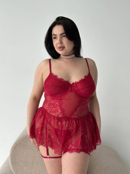 Мереживний червоний пеньюар еротична білизна з гартерами PLUS SIZE | Зображення 5