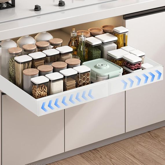 Телескопічна висувна шухляда 32-52 см для шафи, кухні, мийки, ящик органайзер для спецій посуду приборів, білий на клейкій основі