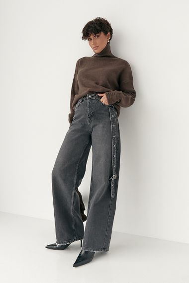 Прямі джинси із декоративним поясом на штанині - чорний цвет, 40р (є розміри) | Зображення 2