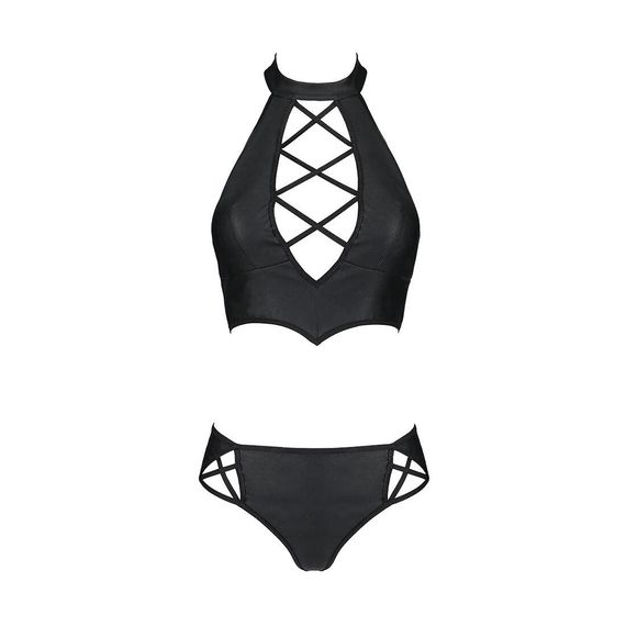 Комплект з еко-шкіри Nancy Bikini black L/XL - Passion, бра та трусики з імітацією шнурівки | Зображення 4