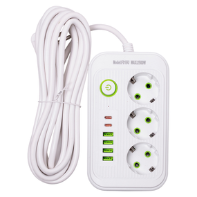 Сетевой фильтр кабель 4.75 м удлинитель F16 на 3 розетки 4 usb 2 type-c и кнопкой отключения Белый HP-5-21