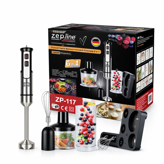 Занурювальний блендер 6 в 1 Zepline ZP-117 1500 Вт кухонний багатофункціональний блендер із насадками, подрібнювач, віночок, міксер | Зображення 3