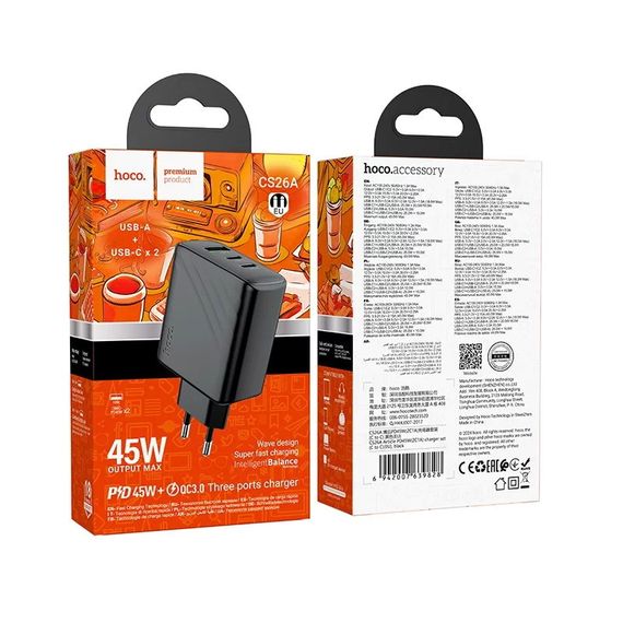 СЗУ 110-240V HOCO CS26A 1xUSB-A, 2xUSB-C, 3A, PD45W+QC3.0, Black | Зображення 3