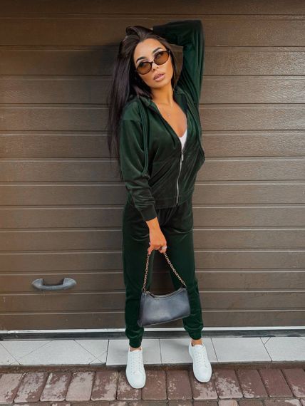 Жіночий спортивний костюм велюровий з кофтою на блискавці розмір L колір темно-зелений Vi114 | Зображення 2