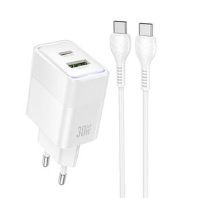 СЗУ Hoco CS112A Lounge PD30W+QC3.0 (1USB-A/1C) + кабель Type-C to Type-C White