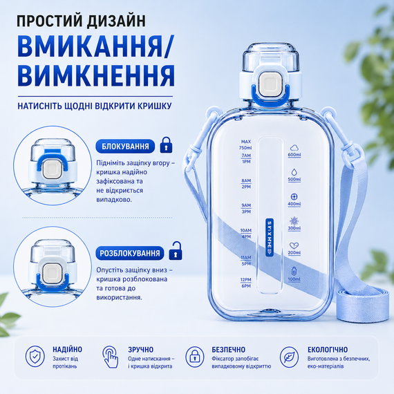 Эко-бутылка для воды 750 мл голубая, BPA-free с ремешком и мерной шкалой | Зображення 5