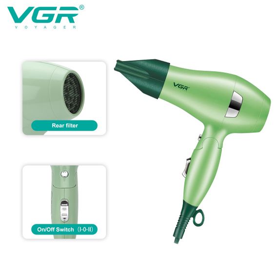 Фен для волосся дорожній VGR V-432 GREEN, з концентратором 1000 Вт, іонізація та 2 режими. Колір: зелений | Зображення 1