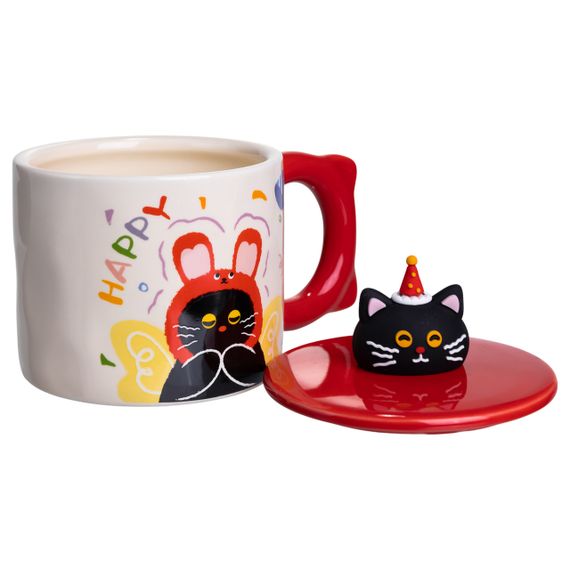 Чашка порцелянова з кришкою Kitten's Birthday 400 (мл) подарункова кружка прикольна чашка для дітей на подарунок Червоний FM-24D | Зображення 1