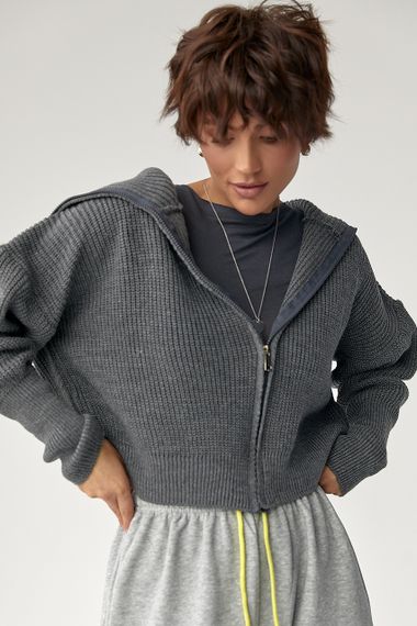 В'язаний короткий кардиган з довгим коміром - сірий цвет, ONE SIZE (є розміри) | Зображення 4