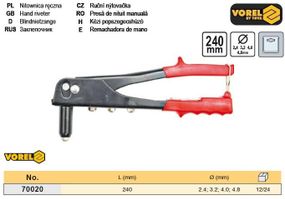 Заклепочник Польша корпус металл l=240 мм Ø=2,4/3,2/4,0/4,8 VOREL-70020