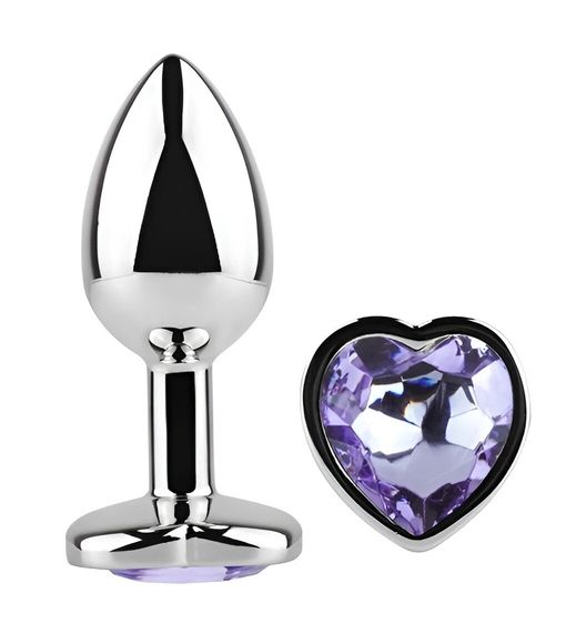 Анальна пробка EGZO Silver Heart Plug Amethyst M, срібляста, з фіолетовим аметистом Sex Aura | Зображення 1