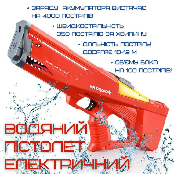 Водний Бластер на Акумуляторі Електричний Дитячий Водяний Пістолет Акула Червоний | Зображення 1