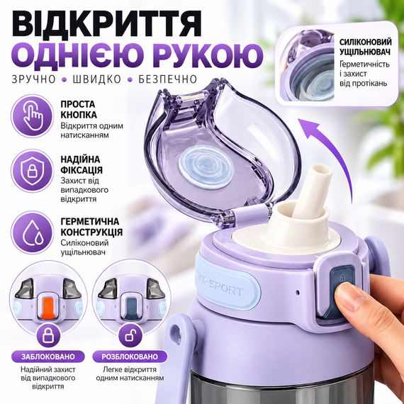 Бутылка для воды TKK 1400 мл спортивная фиолетовая Tritan BPA Free ударопрочная соломинкой, ремешком и ручкой | Зображення 3