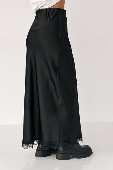 Сатинова довга спідниця з розрізом - чорний цвет, L (є розміри) | Зображення 1