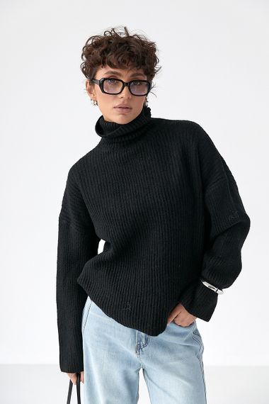 Тепла в'язана туніка в рубчик - чорний цвет, ONE SIZE (є розміри) | Зображення 4