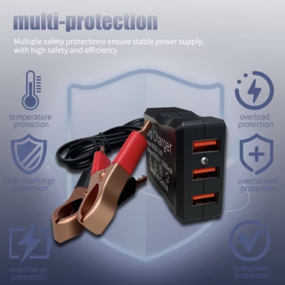 Адаптер живлення 12V/24V на 5V з 3 USB-портами та затискачами для акумулятора для аварійної зарядки телефонів