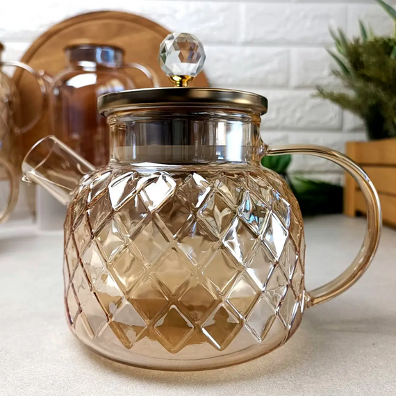 Термостійкий скляний чайник Amber Crystal GK-5502 1 л декоративний рельєфний дизайн Бурштиновий перламутр | Зображення 3