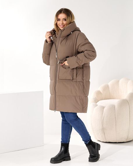 Стильний оливковий пуховик на зиму з кишенею для мобільного в великих розмірах | Зображення 2