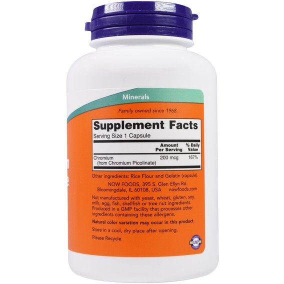 Микроэлемент Хром NOW Foods Chromium Picolinate 200 mcg 250 Caps | Зображення 1