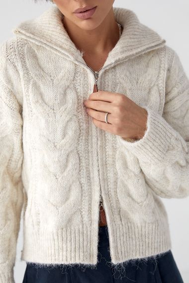 Теплий кардиган в косички на блискавці - бежевий цвет, ONE SIZE (є розміри) | Зображення 3