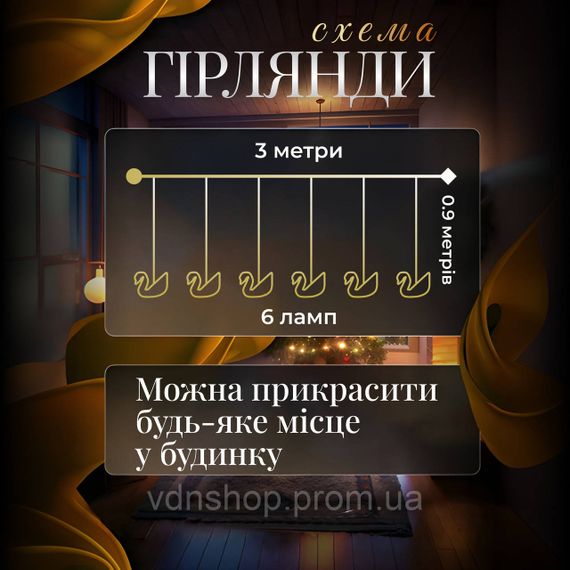 Гірлянда штора з фігурками Сваровскі 3 метри 6 ламп тепле жовте світло 6L3MSWA | Зображення 1