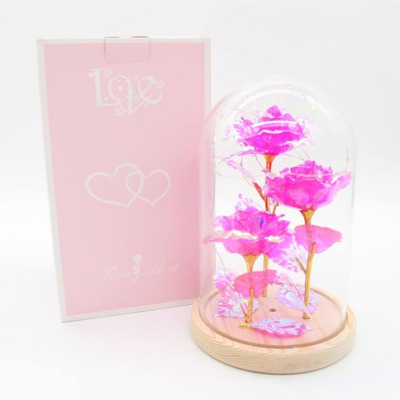 Тройная роза в колбе с LED подсветкой 21 см, на батарейках / Вечная роза ночник / Три розы под куполом | Зображення 7