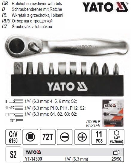 Набор бит YATO Польша трещотка 1/4" PH SL SQ 11 штук YT-14390