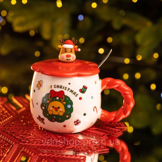 Новорічна порцелянова чашка «Зимова казка» з кришкою 400 мл Yiwu FM-CS-20A