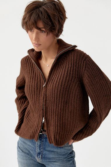 Кардиган на блискавці з крупної в'язки - коричневий цвет, ONE SIZE (є розміри) | Зображення 4