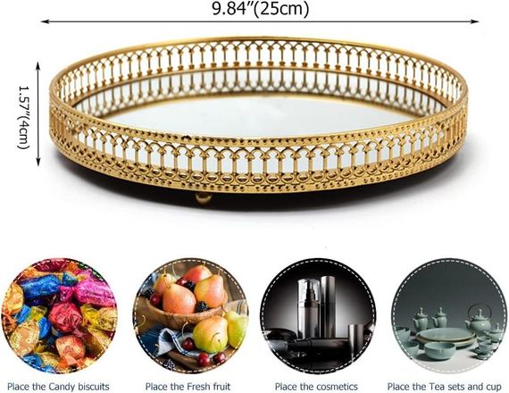Поднос зеркальный декоративный 25 см круглый металлический золотистый для духов, косметики, украшений десертов | Зображення 2