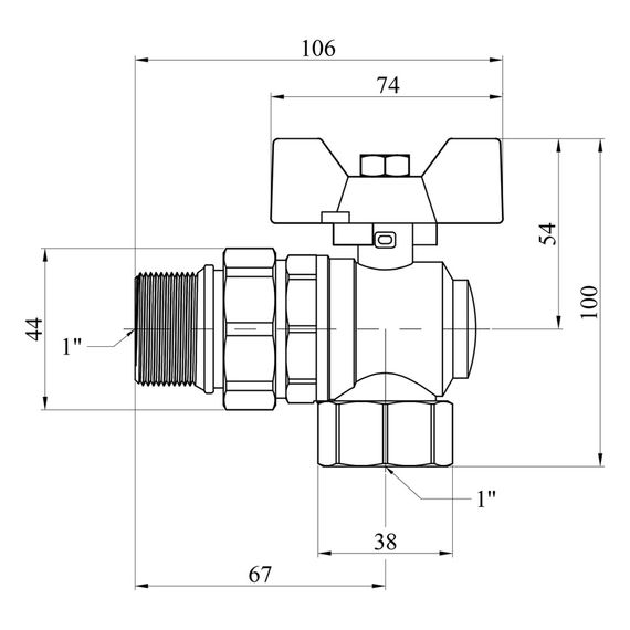 Кран-американка кульовий кутовий Kroner 1" ВЗ PN40 метелик, нікельований (CV033225) | Зображення 1