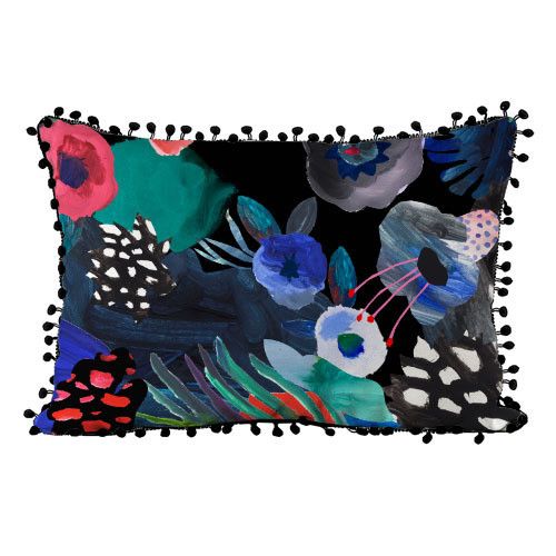 Подушка из мешковины с помпонами Цветы красками 45x32 см (43PHBP_URB008)